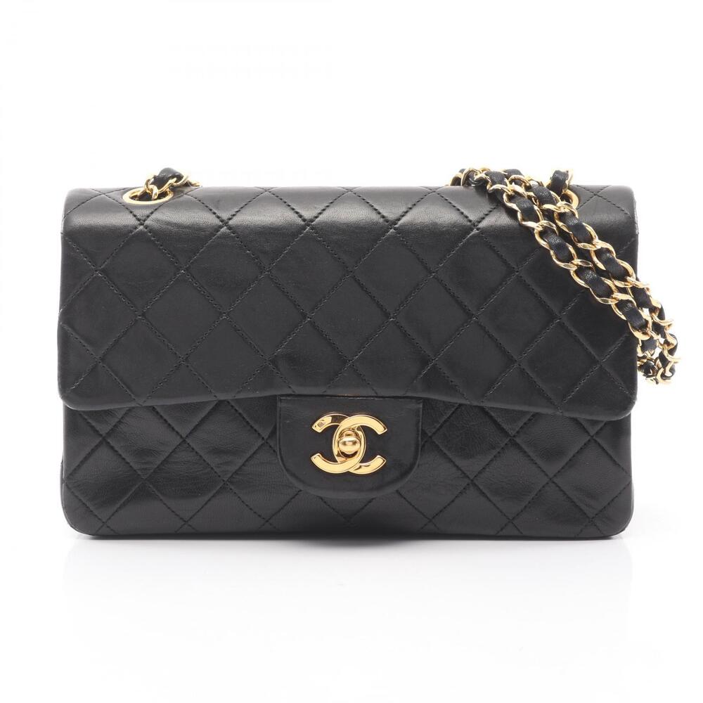 Chanel Matelasse Double Flap Shoulder Bag Lambskin Sheepskin Black